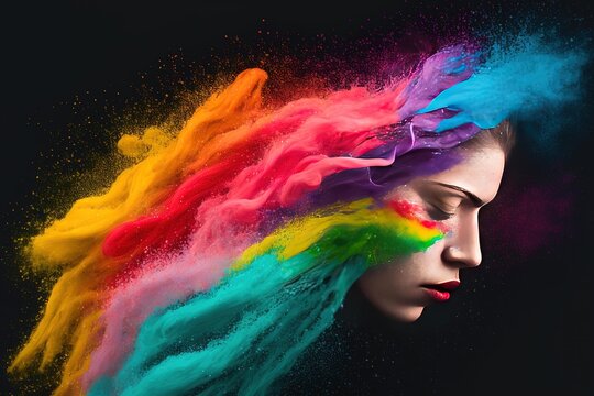 Colorful Powder Hair Woman Airbrush Digital Art - Colorful Composition, Dramatic Product Shot