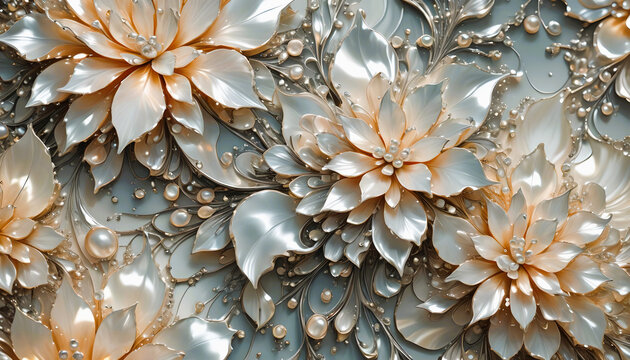 Hintergrund Vorlage mit edlen wei&szlig;en Blumen Bl&uuml;ten aus Perlmutt gl&auml;nzend wie k&ouml;nigliche Dekoration Design f&uuml;r Hochzeit Feier Trauung Abschied Gru&szlig;karte mit Perlen und floralen Ornamenten Luxus frisch 