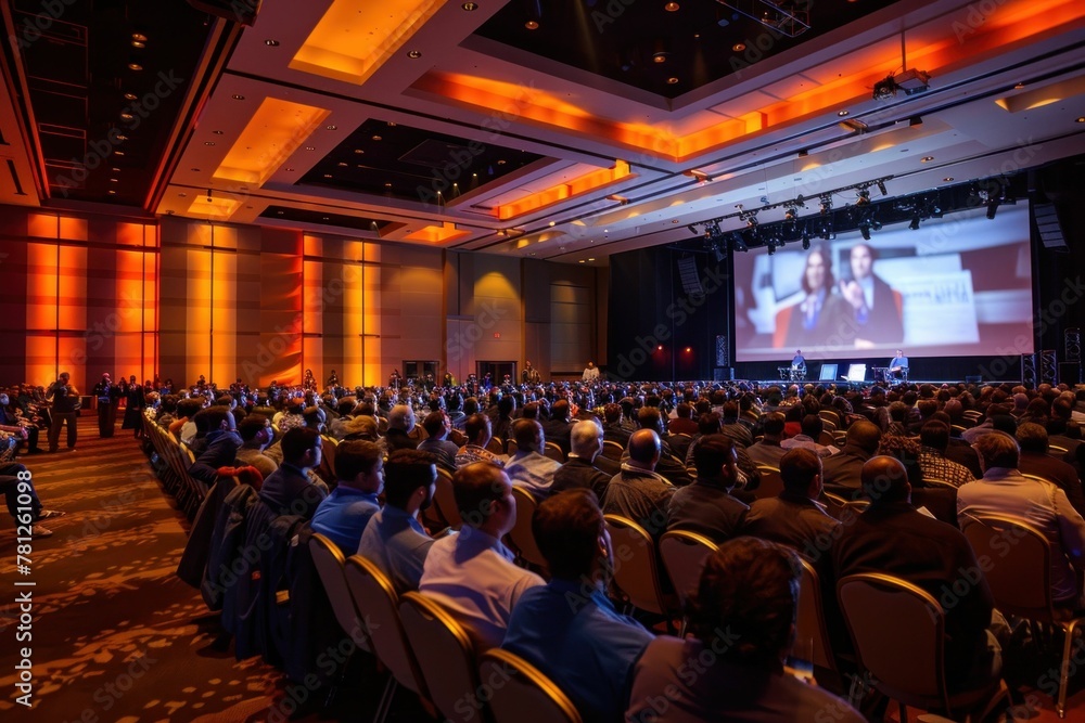 Poster diverse audience sitting in front of a large projection screen in an auditorium during an event or p