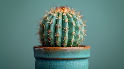   A close-up of a small cactus in a blue pot on a green surface with a blue wall behind it - obrazy, fototapety, plakaty