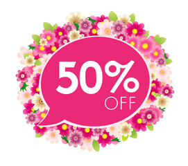Cute sale label. Up to 50 percent off discount template. Floral pink design with 3D flowers. Shopping coupon. Gift card concept. Advertisiment design. -50 percent icon. Special offer promotional flyer
