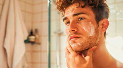 A young man applying shaving cream to his face, preparing for grooming, reflected in a bathroom mirror with a thoughtful expression. Men's facial skin care. Banner. Copy space