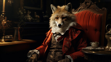An elegant fox wears a designer trench coat, accessorized with a golden pocket watch and a silk ascot. - obrazy, fototapety, plakaty