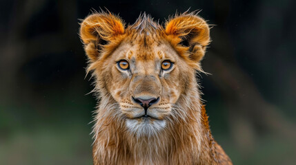 Naklejka na ściany i meble a fierce lion staring right at the camera with intense powerful
