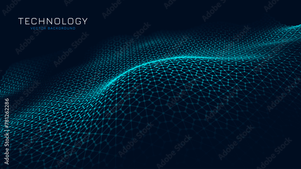 Poster Graphene Technology Science Background. Nanotechnology Honeycomb Lattice Nanostructure. Abstract Science Particles. Blue Network Connection Concept. Futuristic Honeycomb Concept. Vector Illustration
