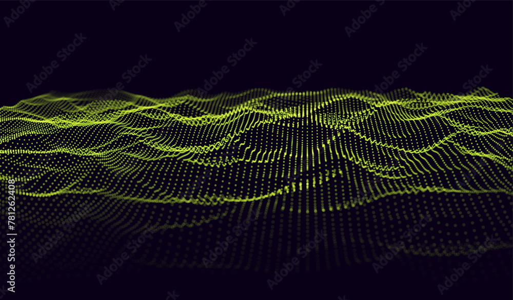Poster Particles 3D Landscape Background. Abstract Wave Technology. Dynamic Particles Sound Wave. Wavy Backdrop. Audio Visualization. Vector Grid Illustration