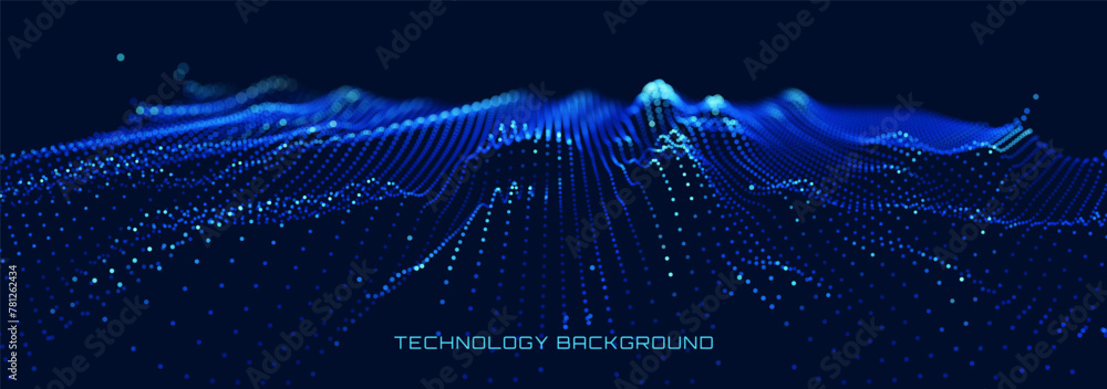 Aufkleber Colorful Blue Sound Wave Ripple Digital Equalizer Design. Big Data Audio Visualization. Digital Water Drop Waves Concept. Vector Illustration. Audio Track Particles Ripple Wave Effect.