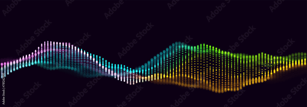Poster Music Abstract Background. Voice Sound Visualization. Particles Equalizer Sound Wave Big Data Design. Dynamic Light Flow, with Blurred Depth of Field Effect. Vector Illustration.