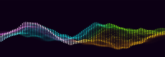 Music Abstract Background. Voice Sound Visualization. Particles Equalizer Sound Wave Big Data Design. Dynamic Light Flow, with Blurred Depth of Field Effect. Vector Illustration.