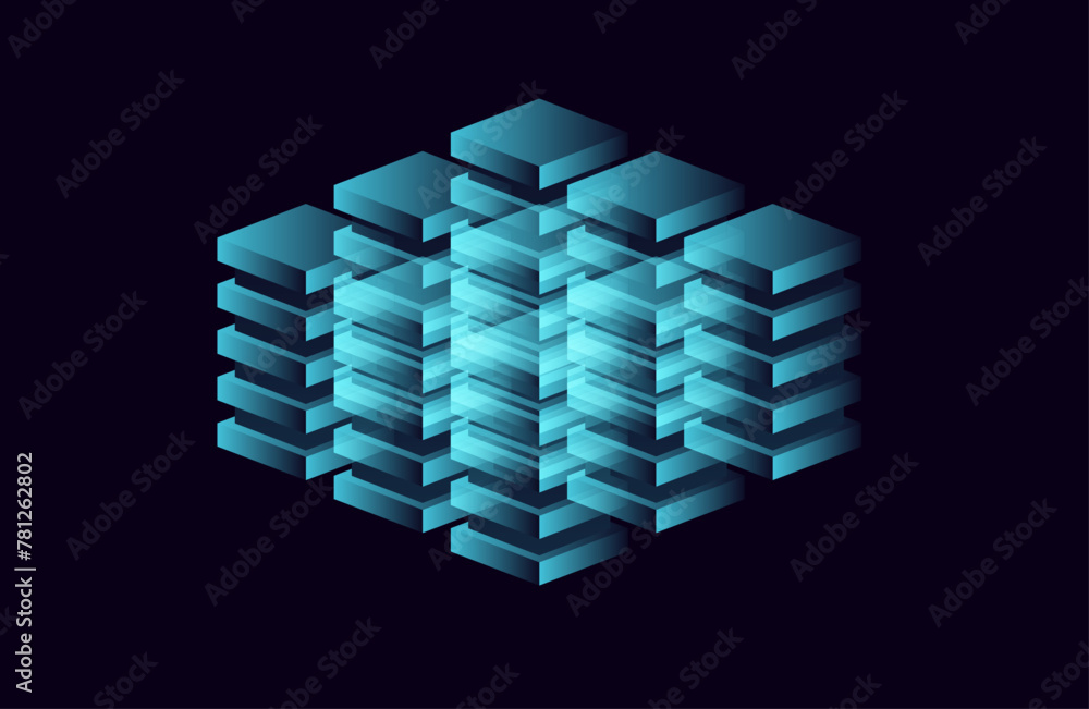 Poster Minimal Abstract Digital Server Cubes. Blockchain Concept. Blue Background Vector Illustration.