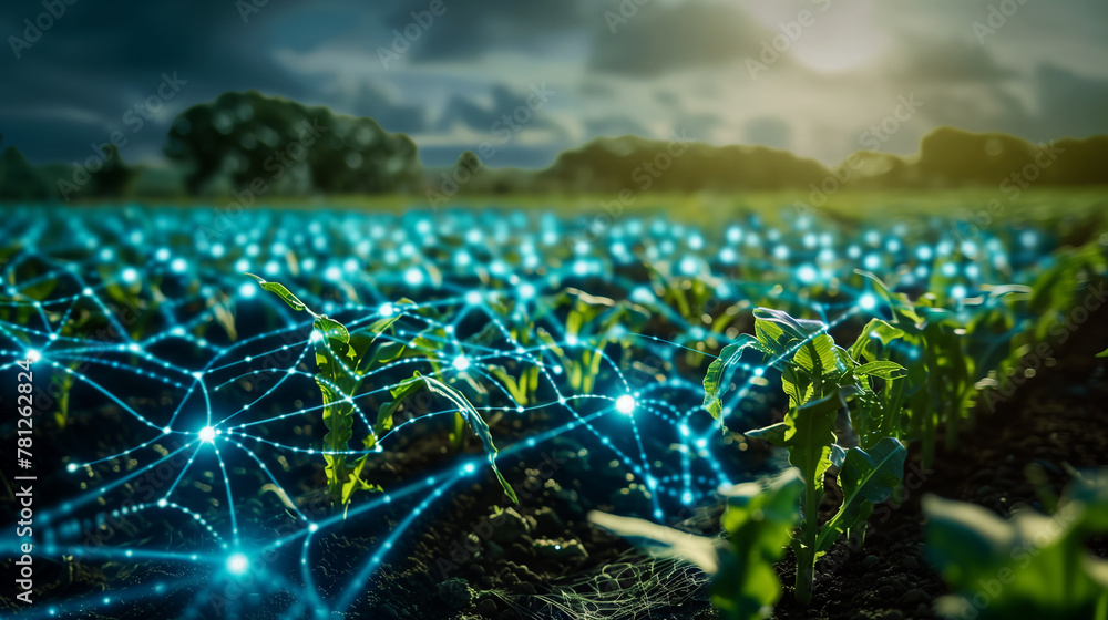 Poster field of green plants with connected lines concept of connection and growth because various plants a