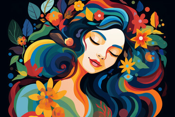 A painting of a woman surrounded by flowers, Generative AI