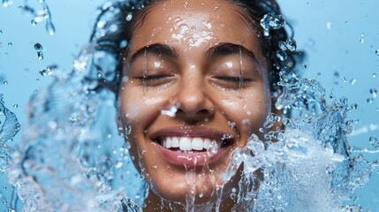 Happy woman underwater enjoying the splash of water on her face and smiling in delight