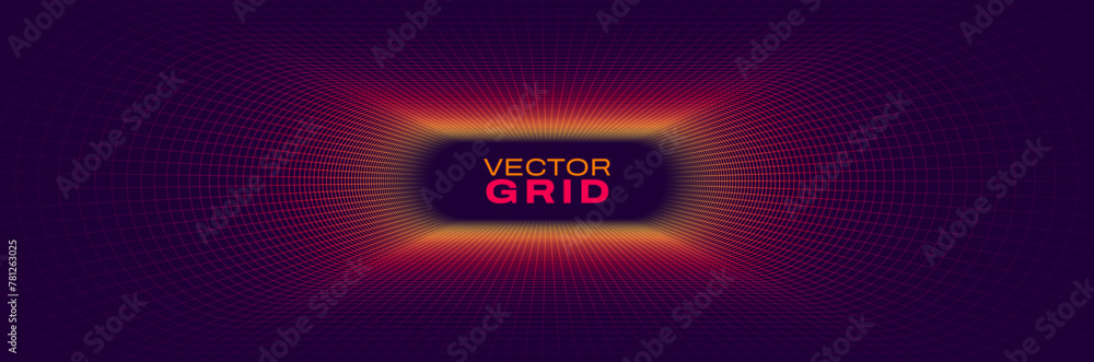 Poster Synthwave Grid Tunnel. Grid Frame Retrowave Party Flyer Background. Round Tunnel Mesh Backdrop. Abstract Digital Background. Vintage Computer Virtual Reality VR Tunnel Technology Vector Illustration.