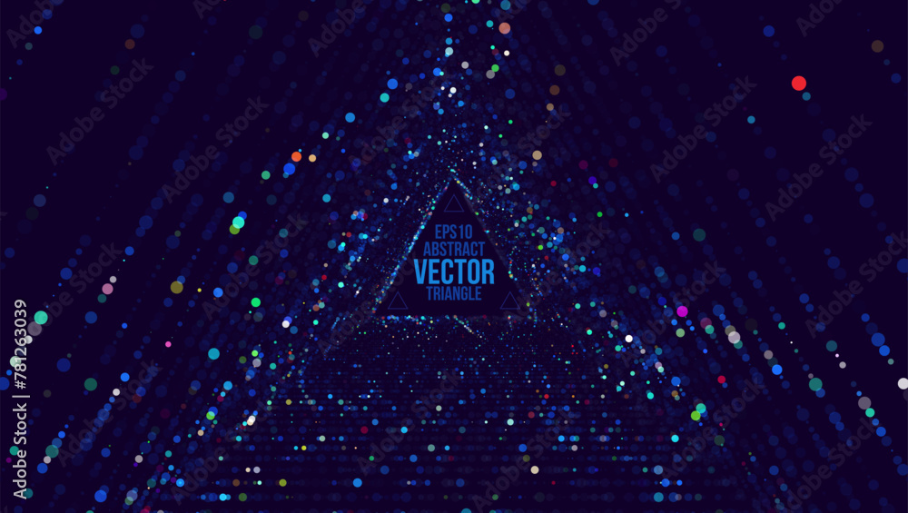 Poster Triangle Frame Border Blue Lights DJ Party Flyer Background. Triangle Tunnel Big Data Backdrop. Abstract Blue Digital Background. Computer Trianglular Tunnel Technology Vector Illustration.