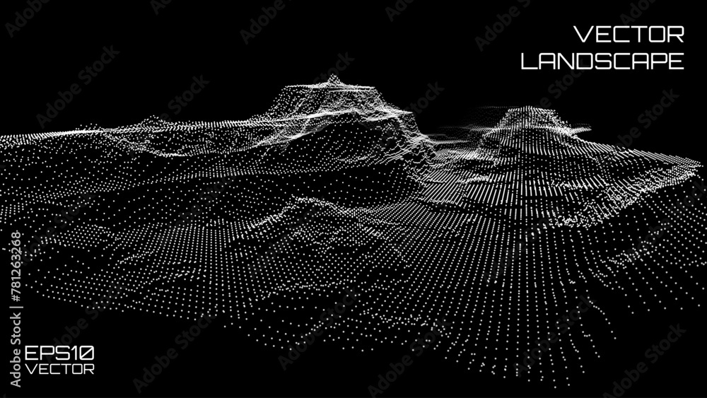 Aufkleber Wireframe Landscape Wire with Depth of Field Effect. 3D Topographic map background concept. Geography concept. Wavy backdrop. Space surface HUD Design Element.