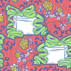 Gift box, ribbon and flowers seamless pattern for wrapping present with bow, party celebration, sale promotion, Textile print, fabric design, banner background. Hand drawn illustration cartoon style.