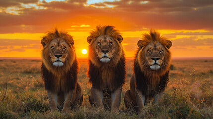 Three lions stand in a field with the sunset behind them. lion looking at camera And the scene had a calm and peaceful mood. - obrazy, fototapety, plakaty