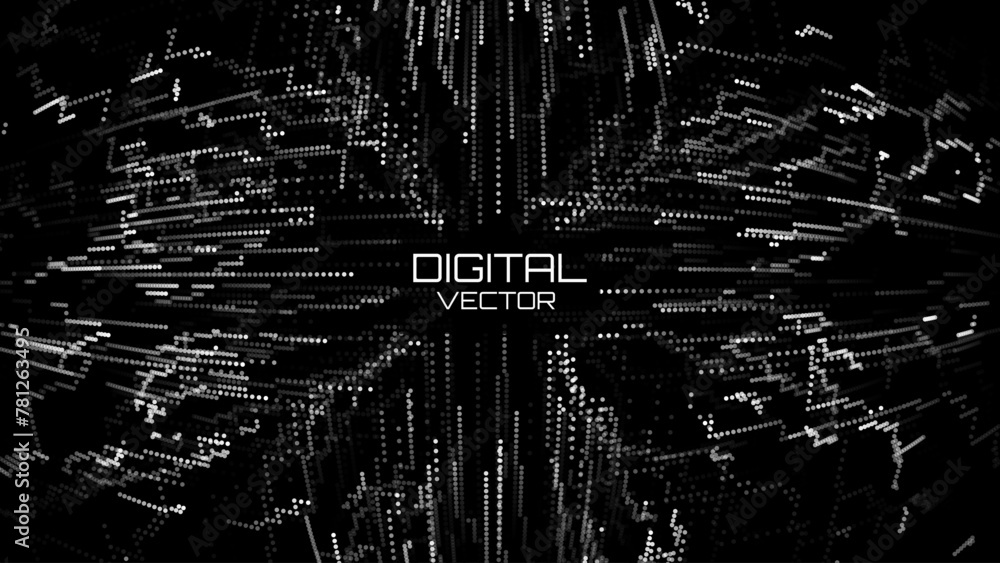 Poster Abstract Digital Particles Moving Towards Center. Futuristic Digital Circuit Wave. Big Data Visualization. 3D Virtual Space VR Cyberspace. Crypto Currency Concept. Vector Illustration.