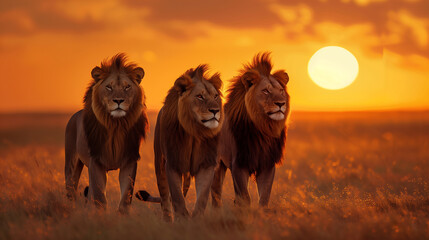 Three lions stand in a field with the sunset behind them. lion looking at camera And the scene had a calm and peaceful mood. - obrazy, fototapety, plakaty