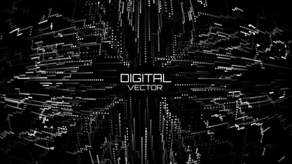 Abstract Digital Particles Moving Towards Center. Futuristic Digital Circuit Wave. Big Data Visualization. 3D Virtual Space VR Cyberspace. Crypto Currency Concept. Vector Illustration.