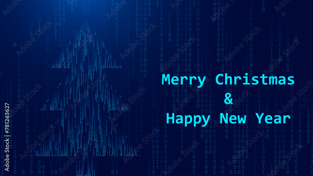 Aufkleber Christmas Card With Digital Christmas Tree Made of Falling Binary Digits. Binary Computer Matrix. Abstract Technology Holiday Background. Vector Illustration.