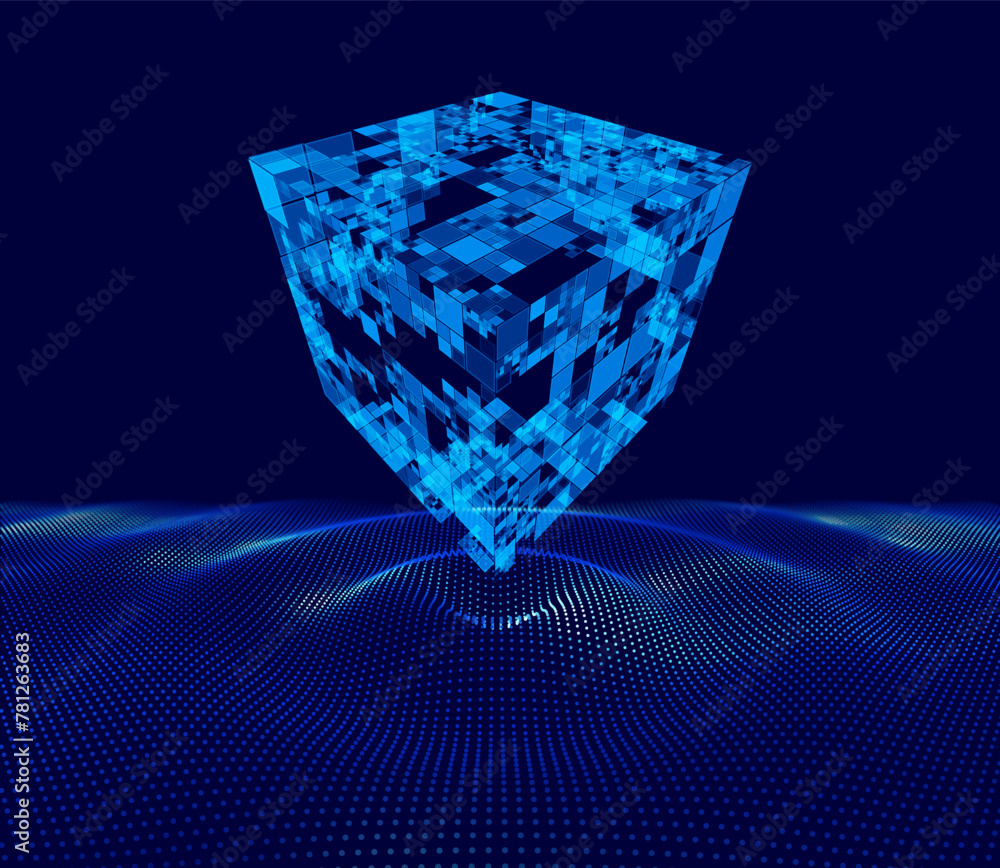 Fototapete Big Data Cube Quantum Computer Server Concept Background. Light Dots with Depth of Field Effect. Data Sorting. Artificial Intelligence HUD Design Element.