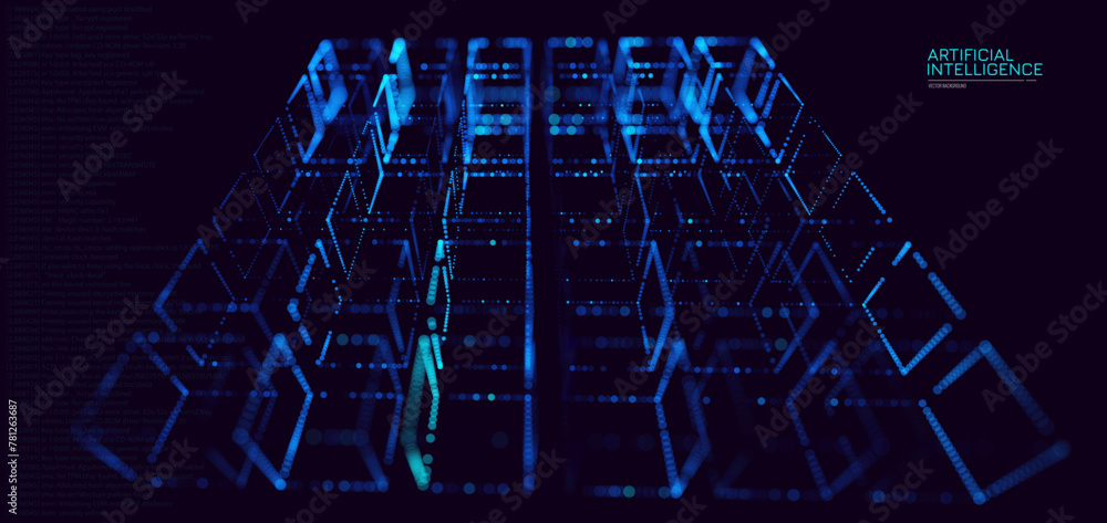Poster Big Data 3D Cubes Quantum Computer Server Concept Background. 3D Blockchain Cube Blocks Concept. Data Core Abstract Cubes. Artificial Intelligence HUD Design Element.