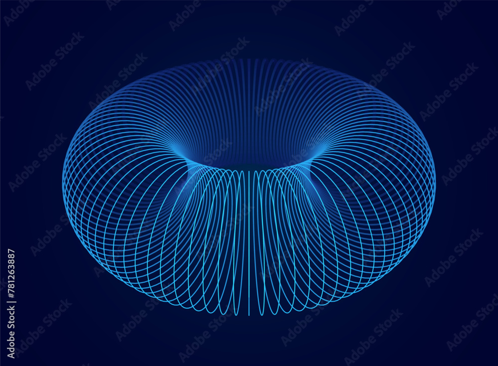 Poster 3D Torus Wireframe Background. Electromagnetic Force Field Concept. Science Physics Background. Vector Illustration. Energy Fields Torus Objects Design.