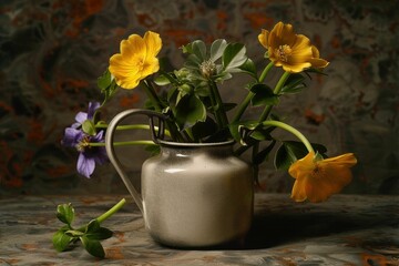 Yellow and purple flowers in a vase on table in front of wall in interior décor concept