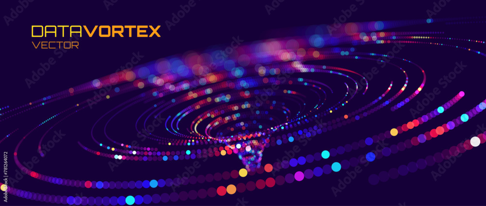 Poster Big Data Visualization. Circular Particles Dots Vortex Abstract Galaxy. Futuristic Science or Finance Infographic Design. Complex Visual Data Background. Abstract Data Flowing. Vector Illustration.