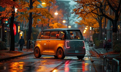 Fototapeta premium A futuristic electric delivery minivan with a fully autonomous system to navigate city streets