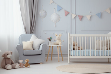 A baby's room with a rocking chair and a crib, Generative AI