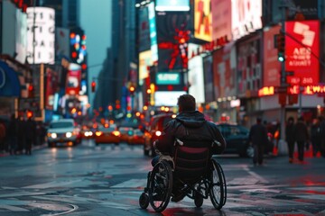 Fototapeta premium Disabled man in wheelchair navigating city streets at night with colorful neon signs in the background