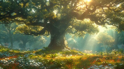 Ancient trees stand sentinel, their branches reaching skyward to create a canopy of dappled sunlight, providing shade for delicate ferns and woodland flowers below.