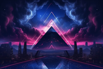 A pyramid in the middle of a lake with mountains in the background,  Generative AI