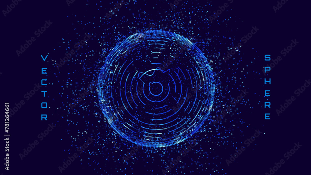 Poster Abstract Colorful Particles Sphere. Vivid Blue Dots Background. Futuristic Style HUD Element. Technology Background for Business Presentations. Corrupted Point Sphere Array. Vector Illustration.