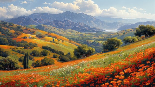 Hills covered in vibrant colors unfold before you. Each shade is a masterpiece of nature.