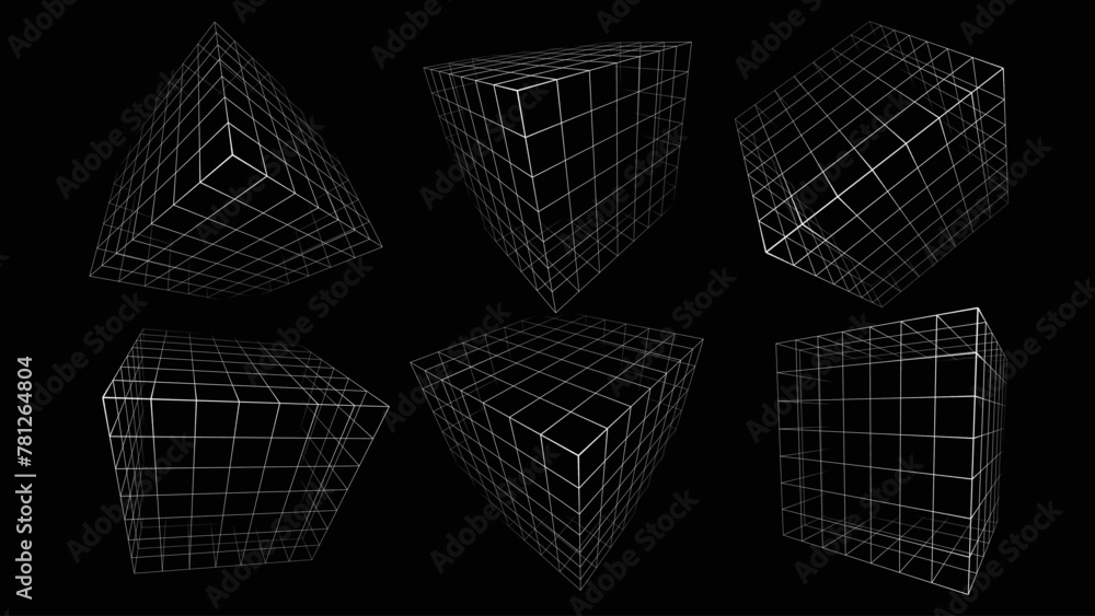 Aufkleber Vaporwave Cyberpunk Technology 3D Cubes. Futuristic HUD Design Objects. Computer Server Algorithm Array Concept. Cyber Game Elements Vector Illustrator.