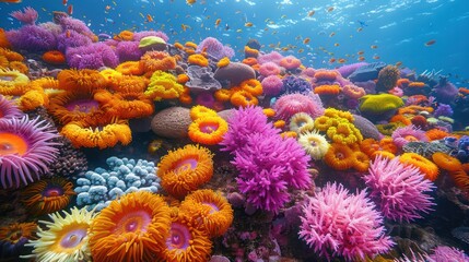 Naklejka na ściany i meble Colorful coral reefs of Australia's Great Barrier Reef are like a kaleidoscope of sea life. It is considered the best snorkeling and scuba diving spot in the world.