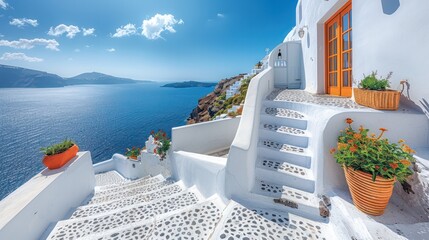 Mesmerizing beauty of Santorini's whitewashed buildings with the Aegean Sea as a backdrop is a sight that attracts tourists from around the world. - obrazy, fototapety, plakaty