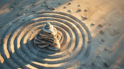 Foto auf Acrylglas Top view of zen stones pyramid on the sandy beach with circles drawn around it © Aleksandr Bryliaev