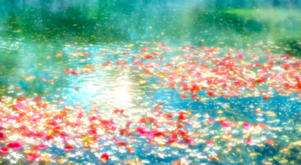 キラキラとした水面にカラフルな花を浮かべた光あふれる絵画のような背景