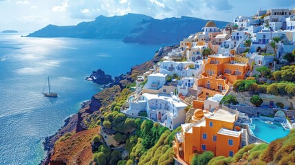 Mesmerizing beauty of Santorini's whitewashed buildings with the Aegean Sea as a backdrop is a sight that attracts tourists from around the world. - obrazy, fototapety, plakaty