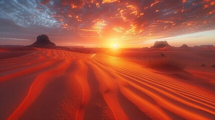 A pristine beauty of the Sahara Desert at sunrise With shifting sand and a golden glow.