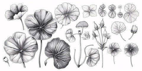 Monochrome hand-drawn illustration set of Centella asiatica flower leaf with graphic elements in engraved style for labels, stickers, menus, and packaging. - obrazy, fototapety, plakaty