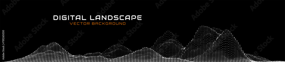 Poster Abstract Digital Wireframe Landscape Wire Lines. 3D Topographic Map Background Concept. Geography Concept. Wavy Lines Backdrop. Space Surface HUD Design Element. Vector Illustration.