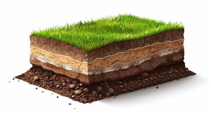 Illustration showing layers of soil under a layer of natural minerals, sand, and clay, with a grassy surface. - 781265045