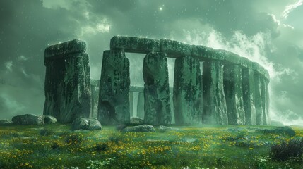Mysterious Stonehenge stands in quiet reverence, its ancient stone shrouded in mystery and intrigue, symbolizing humanity's connection to the universe.