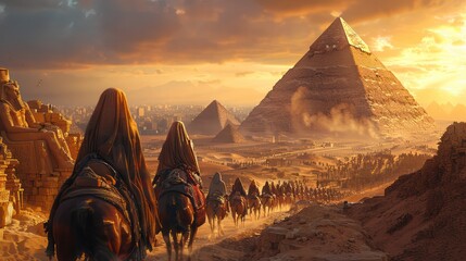 Mysterious charm of the Egyptian pyramids rises from the sand. Stands as a testament to the power and ingenuity of ancient civilizations. - obrazy, fototapety, plakaty